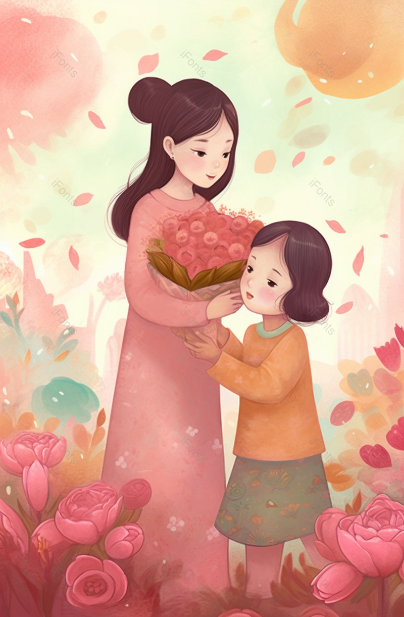 给妈妈送康乃馨卡通手绘场景,插画/手绘图,插画/手绘图库,插画/手绘图下载,插画/手绘